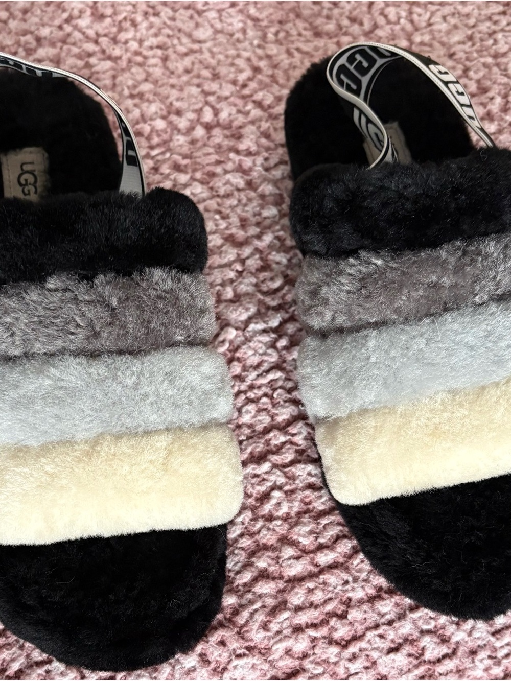 UGG Black, Gray, Cream Fuzzy Slide Sandals size 9, excellent condition